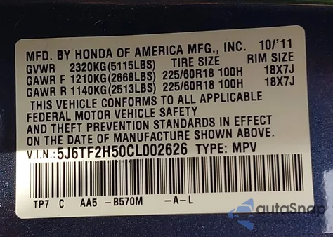 2012 Honda Crosstour Ex-L z USA, uszkodzony, nr VIN 5J6TF2H50CL002626